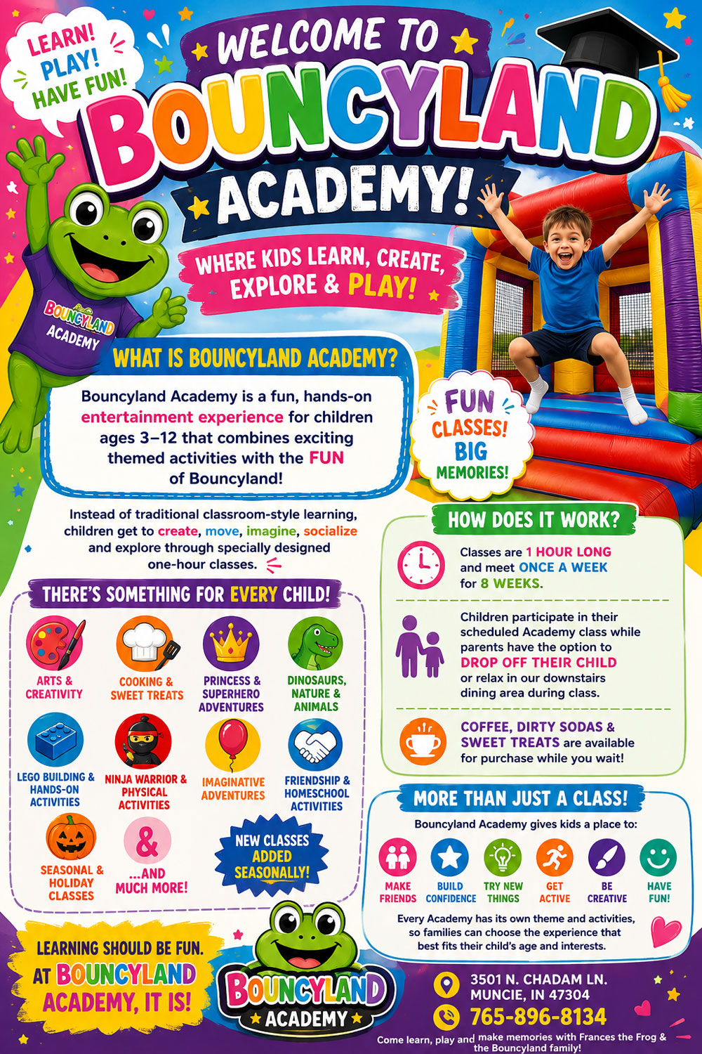 Bouncyland is a Family Activity Entertainment Center For Kids & Children in Muncie, Indiana! Features 15 bounce houses, toddler zone play area, arcade, birthday party hosting, My Plushy Pals where you can create your own stuffed animal, and concessions & dining! There's so many fun things for kids & children to do at Bouncyland in Muncie!