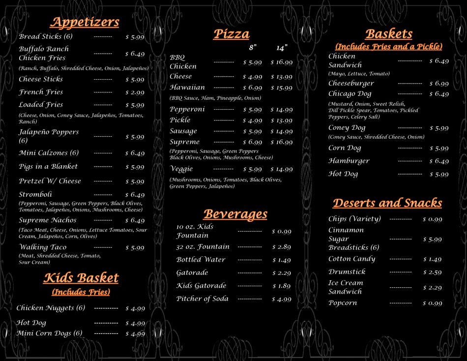 concessions dining menu Bouncyland Family Fun Activity Entertainment Center For Kids & Children in Muncie, Indiana